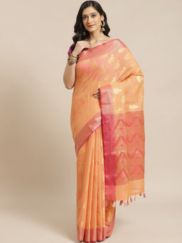 Indethnic - Banarasi Peach Woven Design Festive Wear Saree With Unstitched Blouse