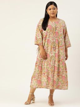 theRebelinme - Plus Size Womens Green & Red Floral Print Layered A-Line Midi Dress