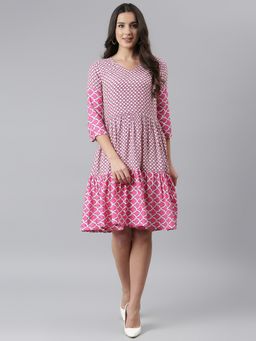 Deebaco - Women Pink Printed V-Neck Fit and Flare Dress