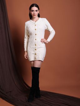 IKI CHIC - Ivory Cable-Knit Mini Dress with Gold Button Detail