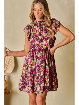 Errabelly - Green Floral Print Ruched Mini Dress