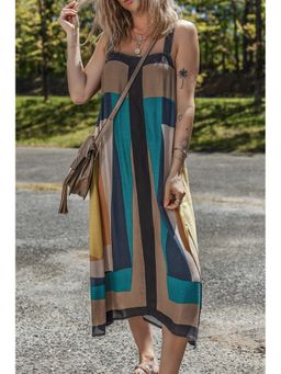 Errabelly - Brown Retro Geometric Printed Y Back Sleeveless Dress