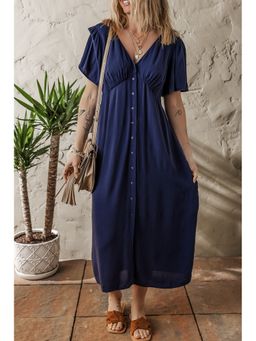 Errabelly - Navy Blue V Neck Buttoned Front Shirred Midi Dress