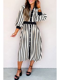 Errabelly - Black Stripe Shirt Style Button Down Midi Dress