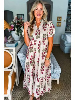 Errabelly - Off White Floral Short Bubble Sleeve Tiered Dress