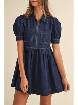Errabelly - Navy Blue Zipped Up Bodice Collared Denim Dress