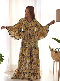 Rangpur - Beige Floral Printed Cotton Tiered Maxi Dress