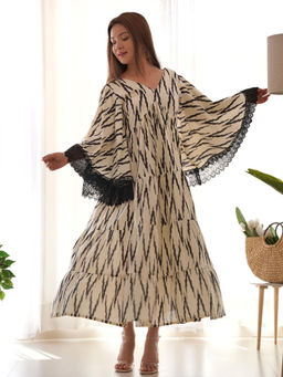 Rangpur - White Printed and Lace Work Cotton Tiered Flared Maxi Dress