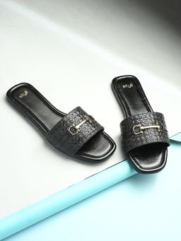 Styli - Women Raffia-Detailed Flats with Golden Embellishment