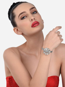 Zaveri Pearls - Silver Tone Flower Shape Dazzling Contemporary Kada Bracelet-ZPFK12927