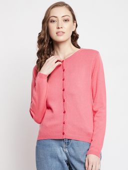 Madame - Women Pink Solid Cardigan Woolen Sweater