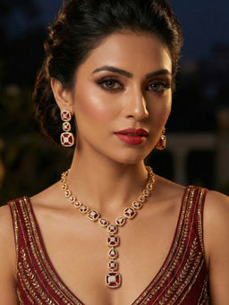 Niscka - 24K Gold Plated Ruby Red and White AD Elegant Jewellery Set