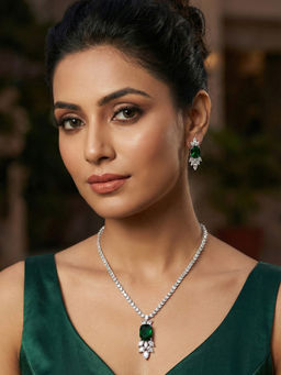 Niscka - Rhodium Plated White and Green AD Emerald Statement Adjustable Jewellery Set