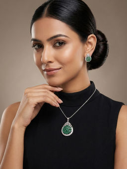 Niscka - Rhodium Plated White and Green AD Adjustable Jewellery Set
