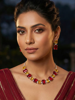 Niscka - Rhodium Plated Yellow and Red Rectangular Stone Adjustable Jewellery Set