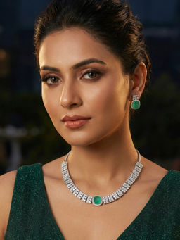 Niscka - Rhodium Plated White and Cyan AD Party Jewellery Set
