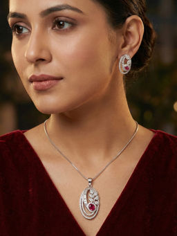 Niscka - Rhodium Plated White and Pink AD Petal Jewellery Set