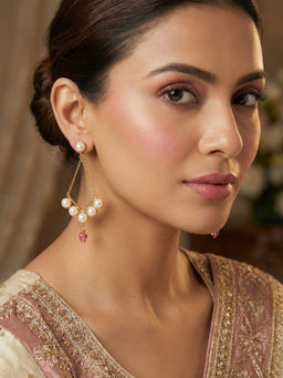 Niscka - Matte Gold Plated Pearl and Red Stone Long Dangler Earrings