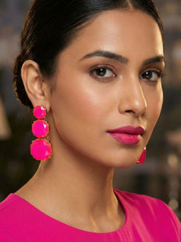 Niscka - Gold Plated Triple Pink Stone Long Statement Earrings