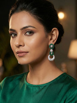 Niscka - Emerald Bloom Rhodium Plated AD Drop Earrings