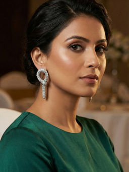 Niscka - Rhodium Plated White and Green AD Snake Statement Earrings