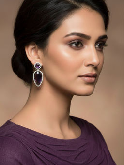 Niscka - Rhodium Plated Purple and White AD Long Earrings