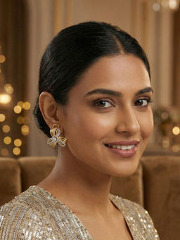 Niscka - Gold Plated Ribbon Floral White AD Earrings
