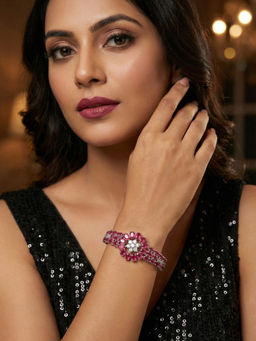 Niscka - Rhodium Plated White and Red AD Floral Adjustable Bracelet