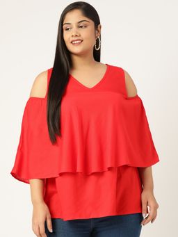 theRebelinme - Plus Size Women Red Solid Colour Cold Shoulder Sleeves Layered Top