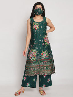Biba - Green Floral Kurta With Mask (Set of 2)