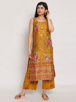 Biba - Mustard Floral Kurta With Mask (Set of 2)