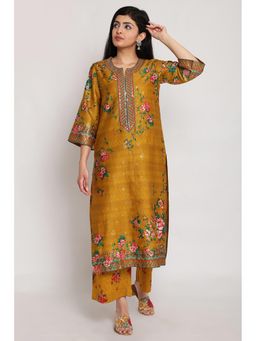 Biba - Mustard Floral Kurta With Mask (Set of 2)