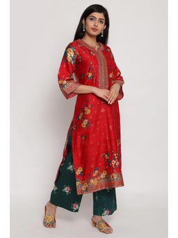 Biba - Red Floral Kurta with Mask (Set of 2)