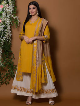 Biba - Mustard Solid Kurta With Palazzos & Dupatta (Set of 3)