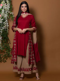 Biba - Maroon Solid Kurta With Palazzos & Dupatta (Set of 3)