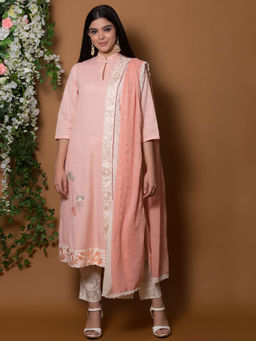 Biba - Pink Solid Kurta With Pants & Dupatta (Set of 3)