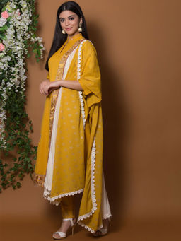 Biba - Mustard Solid Kurta With Pants & Dupatta (Set of 3)