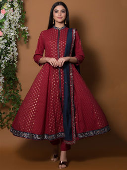 Biba - Maroon Printed Kurta With Pants & Dupatta (Set of 3)