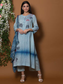 Biba - Blue Striped Kurta With Palazzos & Dupatta (Set of 3)