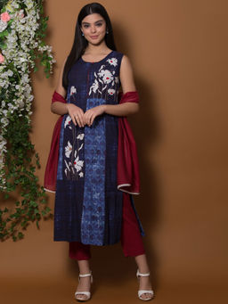 Biba - Navy Blue Printed Kurta With Pants & Dupatta (Set of 3)