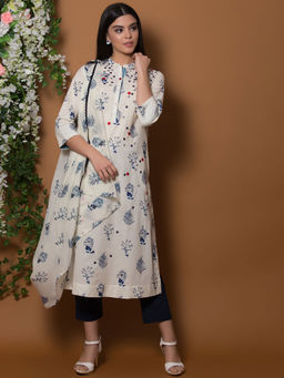 Biba - Off White Printed Kurta With Pants & Dupatta (Set of 3)