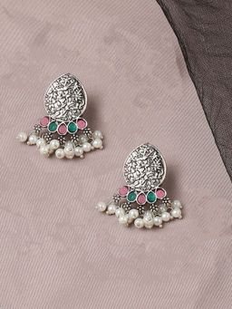 OOMPH - Oxidised Silver Pink and Green Stones Ethnic Drop Earrings