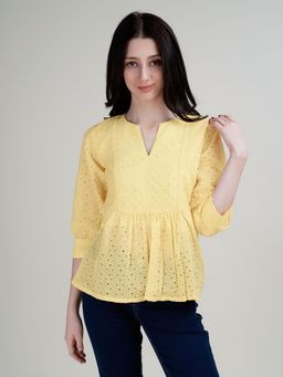 HOUSE OF MIRA - Yellow Self Design Schiffli Cotton Peplum Top
