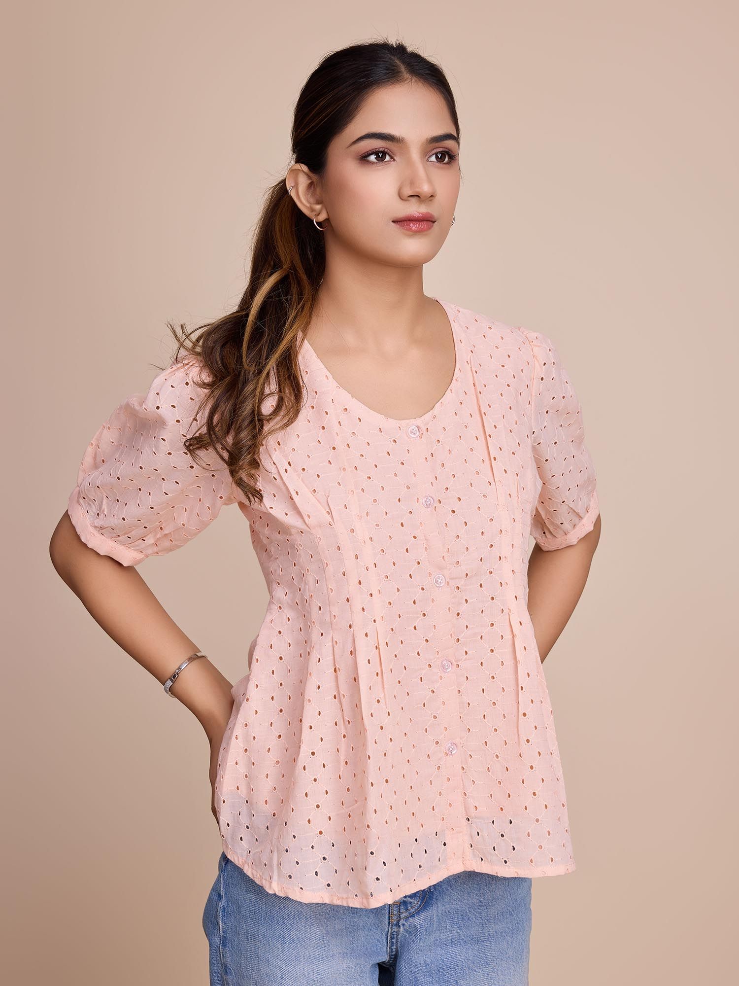 Peach Self Design Schiffli Cotton Peplum Top-picture-18