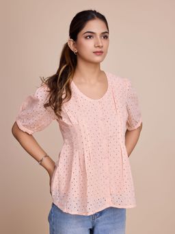 HOUSE OF MIRA - Peach Self Design Schiffli Cotton Peplum Top