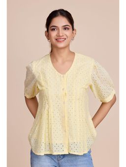 HOUSE OF MIRA - Yellow Self Design Schiffli Cotton Peplum Top