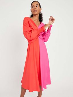 Styli - Red,pink Colorblock Twist Front Detail A-line Midi Dress