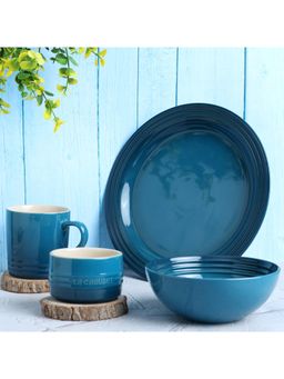 Le Creuset - Deep Teal Stoneware 1 Dinner Plate,1 Cereal Bowl,1 Ramekin Bowl, 1 Mug Gift Set