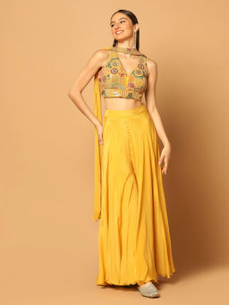 "Two Sisters" by Gyans - Yellow Palazzo Set with Blouse and Dupatta (Set of 3)
