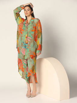 "Two Sisters" by Gyans - Olive Green base Multicolored Georgette Co-ord Set (Set of 2)